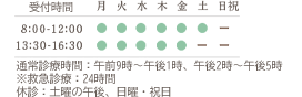 診療時間 月 火 水 木 金 土 日祝 8:00-12:00 ● ● ● ● ● ● ー 13:30-16:30 ● ● ● ● ● ー ー 休診:土曜・日曜・祝日
